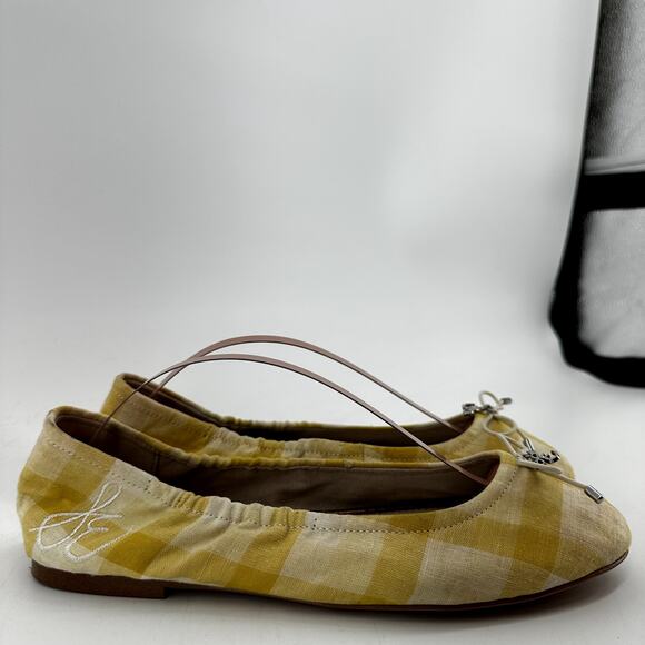 Sam Edelman Felicia Ballet Flats Bow Slip On Gingham Fabric Yellow White 7 - Picture 3 of 7